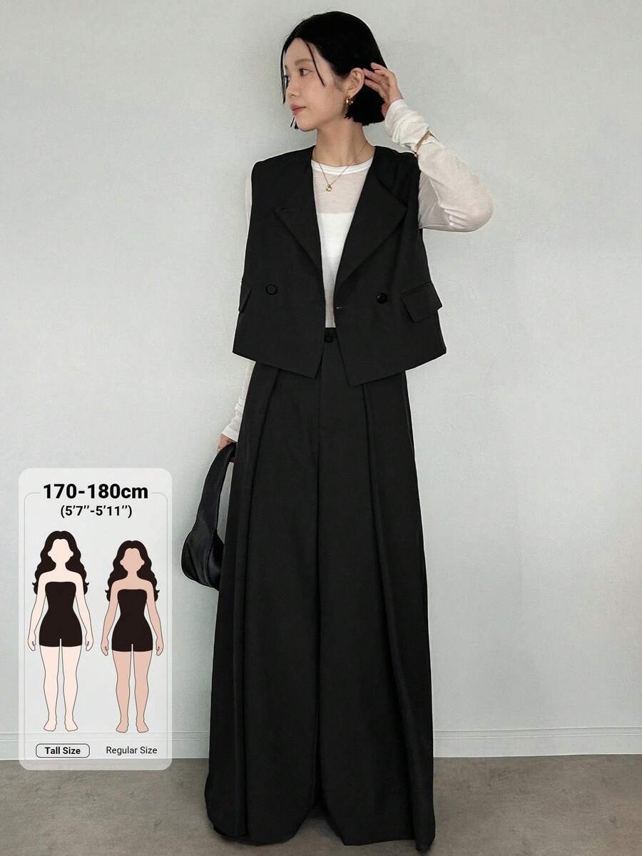 Dazy Tall Setelan Kasual Wanita 2 Potong: Rompi Tanpa Lengan dan Celana Panjang Longgar Berpotongan Lebar - Hitam - View 1