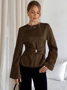 Siren Gaze Women's Casual Business Casual Commute Striped Bell Sleeve Blouse Work Brown Striped Autumn - Brown - View 3