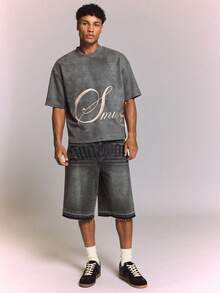 SUMWON Regular Fit Short Sleeve Textured T-Shirt With Cursive Script Embroidery Front And Back Crew Neck Casual Streetwear Top - Grey - View 3