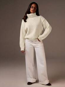 Athîral Women's Casual Solid Color Turtleneck Sweater, Autumn/Winter Office Off-White - White - View 3