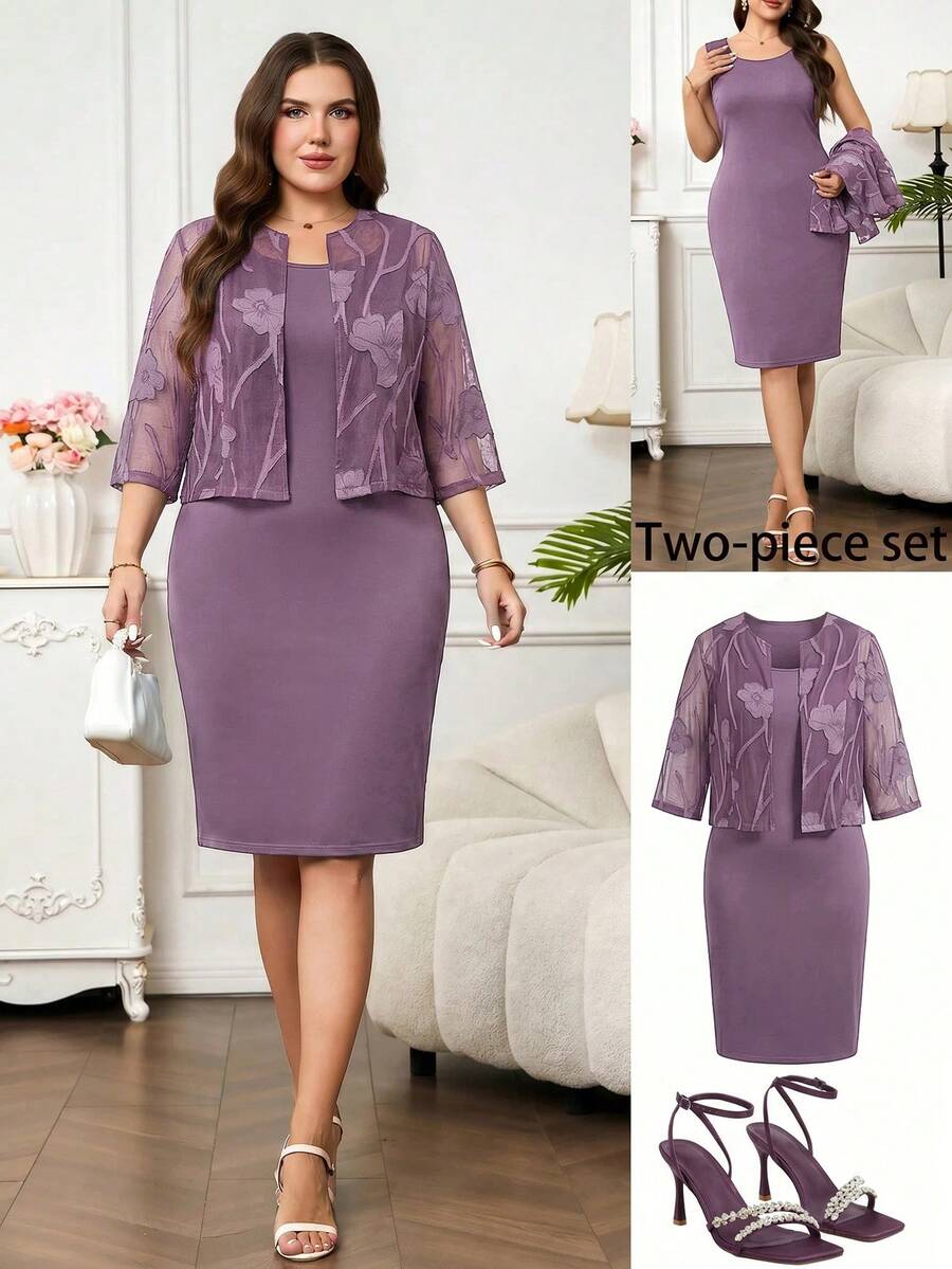 Reflora Fashionable Elegant Floral Print Plus Size Women 3/4 Sleeve Open Front Top And Dress 2-Piece Set Formal Wedding Dark Purple Summer