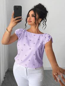 Elenzga Plus Size Women's French Casual Elegant Cute Kawaii Bow Blue And White Boat Neck Flutter Sleeve Blouse Vacation Summer Top Birthday Brunch Dinner - Purple - View 7