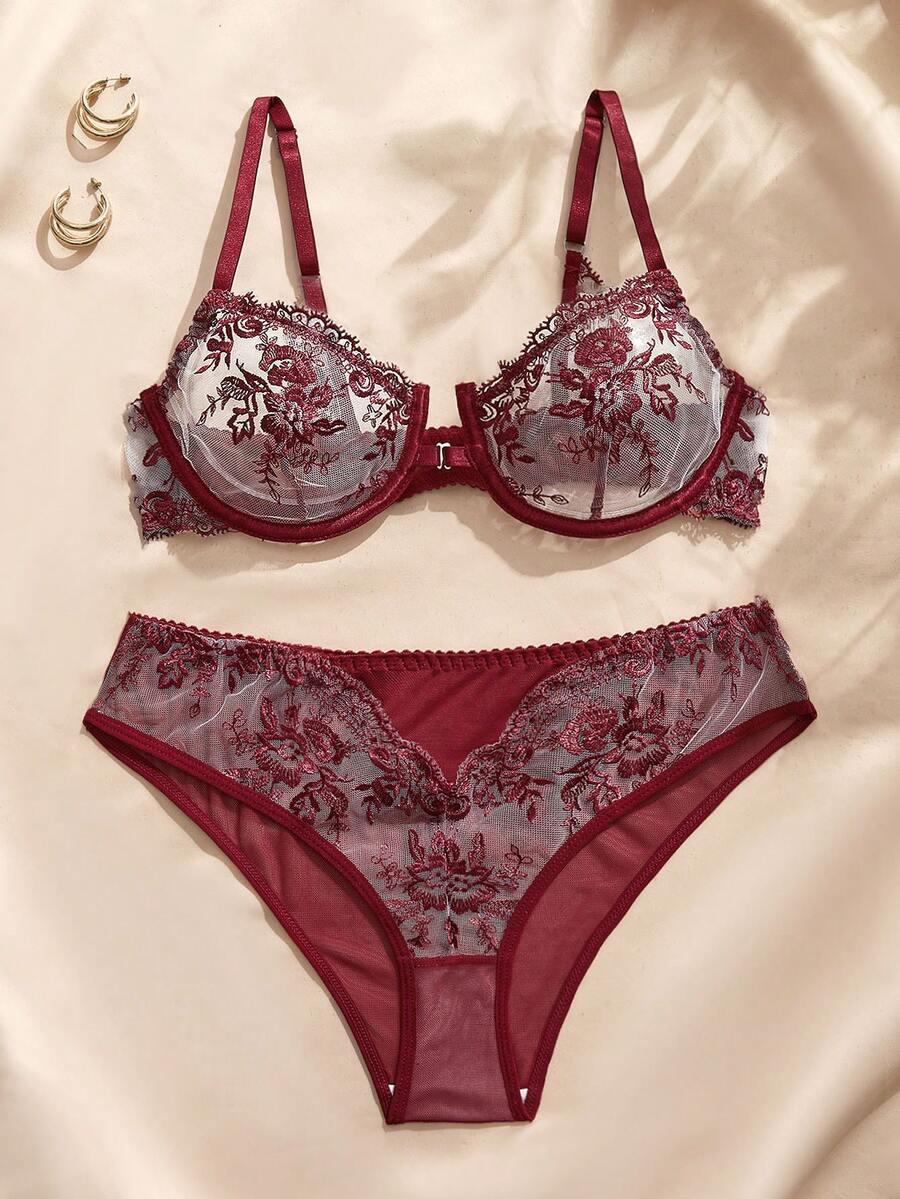 Charlaine 2件組 酒紅色鋼圈前扣式聚攏托高刺繡網紗拼接透視露背復古浪漫女款內衣套裝 - 紅色 - 查看 1