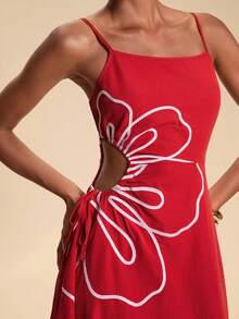 Travachic Vacation Petal Embroidery Cutout Ruched Cami Dress Vacation Red Floral Summer Elegant - Red - View 8