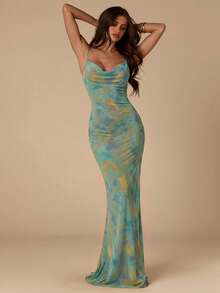 SHEIN BAE 女款紮染印花垂領修身細肩帶洋裝 - 綠色 - 查看 4