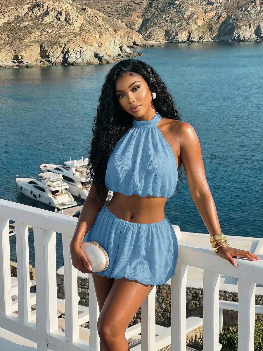 Slaydiva Summer Birthday Party Back To School Preppy Breezy Casual Vacation Beach Street Style Sexy Elegant Sleeveless Halter Tulip Top Skorts Women's Set - Baby Blue - View 1