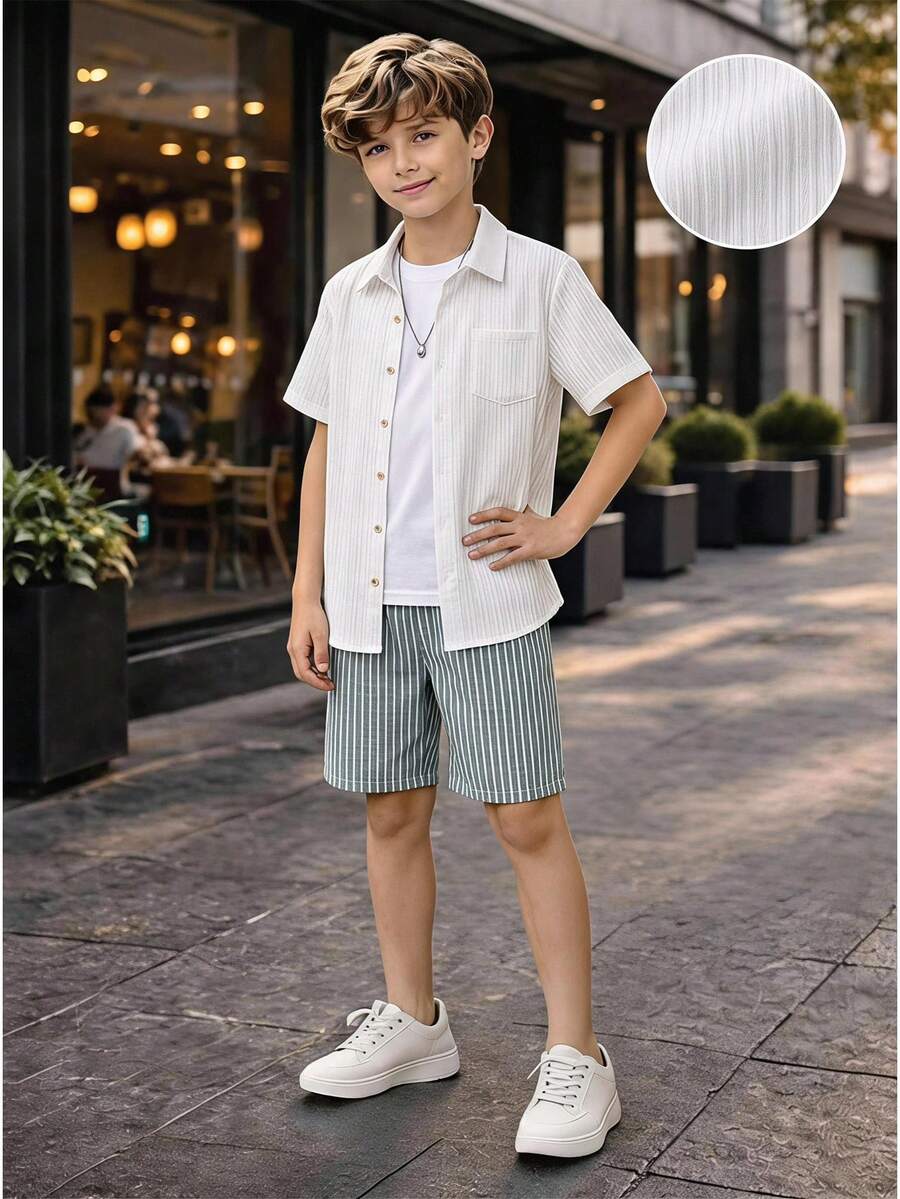 SHEIN 2pcs Teen Boy's Casual Versatile Comfortable Knit Texture Short Sleeve Shirt And Shorts Set Outfit Matching Set Squishy Vacation Holiday Graduation - Multicolor - View 1