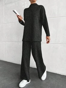 EURMUSE Maglione lavorato a maglia con collo alto e spalle scivolate, maniche lunghe, e pantaloni lunghi, completo casual da donna in due pezzi per autunno/inverno - nero - Visualizzare 4