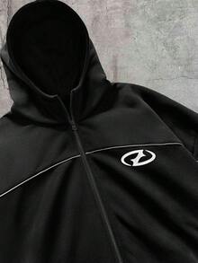 AXEPEAK 男士條紋拼接長袖連帽衛衣與抽繩腰工裝褲套裝 - 黑色 - 查看 8