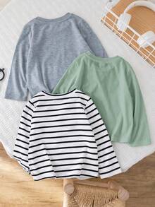 SHEIN Baby Boy Baby Girl Spring/Autumn Black & White Striped Solid Color Round Neck Long Sleeve Pullover Top 3 Pieces Set - Multicolor - View 2