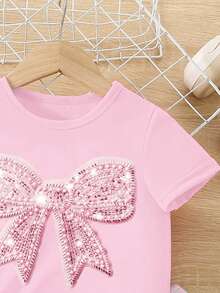 Summer Outfit Spring Summer Autumn Young Girls Casual Fashion Creative Personalized Fresh Minimalist Glitter Bow Pattern Print Summer Casual Vacation Style Basic Short T-Shirt And Cycling Pants Set Sets - Multicolor - View 8