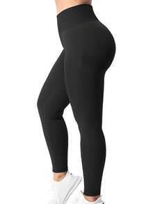 Wide Band Waist Space Dye Seamless Sports Leggings - Black - View 5