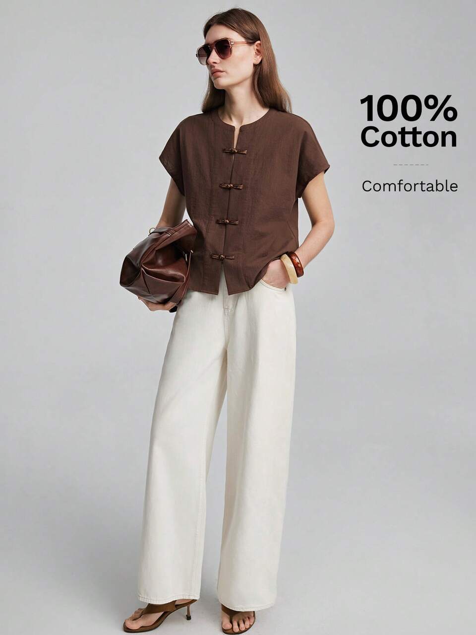 Women's Brown Low-Saturation Comfortable Fabric Fitted New Chinese Style Small Round Neck Wide Shoulder Design Front Chinese Knot Button Decoration All-Season Versatile Modern Urban Fashion Business Casual Office Wear Low-Key Old Money Style Elegant High-End Commute High-Quality Airport Outfit Bohemian Vacation Wear Neutral Minimalist Theme Design Women's Shirt