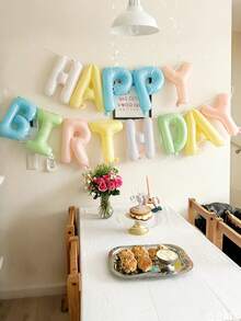 MINKOJA 1件/13件組 16英吋 Happy Birthday 生日橫幅字母氣球，黑色、銀色、白色、棕色、奶油色多巴胺配色可選，適用主題生日裝飾、男女生日派對裝飾、居家派對背景與房間佈置（含吹氣管與繩子） - Dopamine - 查看 1