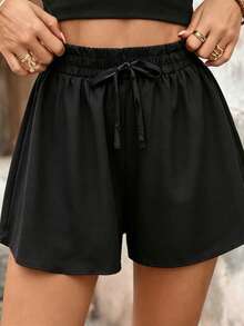 SHEIN Holidaya Celana Pendek Wanita Kasual Musim Panas Serbaguna Warna Polos - Hitam - View 1