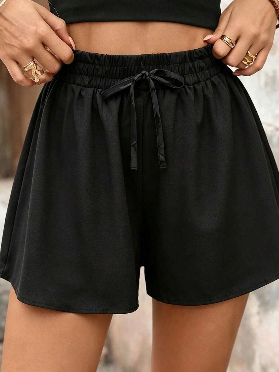 SHEIN Holidaya Celana Pendek Wanita Kasual Musim Panas Serbaguna Warna Polos - Hitam - View 1
