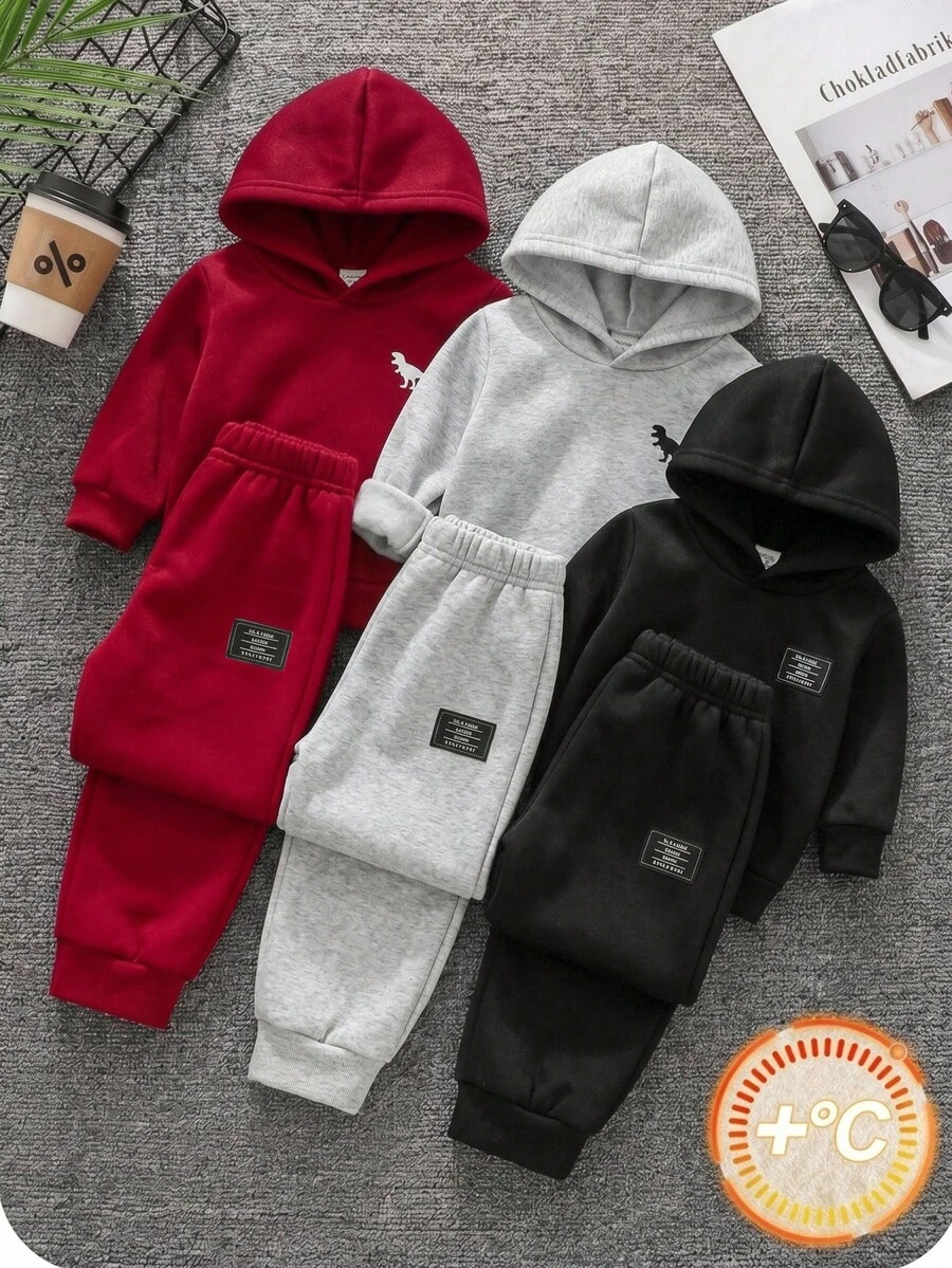 SHEIN 兒童小男孩休閒極簡樹紋圓領短袖T恤與短褲2件套,適合春、夏、秋季 - 彩色 - 查看 1
