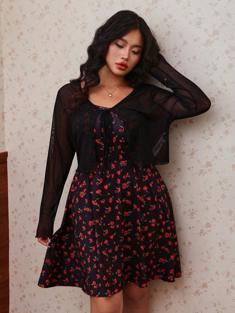 CovetEZ 大尺碼女款休閒透視碎花罩衫兩件套,輕盈透視罩衫洋裝,大尺碼女款夏季兩件套 - 黑色 - 查看 1