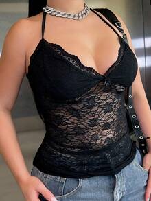 Dayanna Comas Lace Bodycon Ruched Fashionable Summer Halter Neck Camisole Top Y2K  Casual Black - Black - View 3