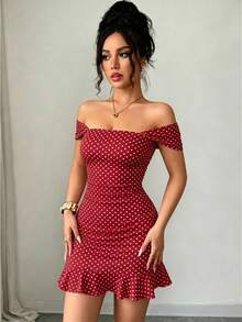 SHEIN LUNE New Women's Square Neck Polka Dot Print Ruched Waist Ruffle Hem Dress, Suitable For Dating And Vacation Wear - Red - View 4