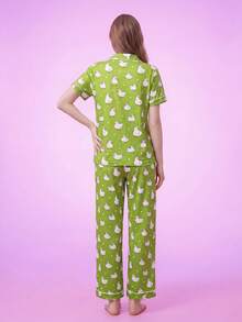 SHEIN Women's Duck Print Button-Front Short Sleeve Long Pants Pajama Set - Multicolor - View 2