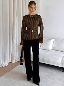 Siren Gaze Women's Casual Business Casual Commute Striped Bell Sleeve Blouse Work Brown Striped Autumn - Brown - View 5