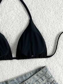 Elavelle Solid Color Halter Twist Back Bikini Top - Black - View 6