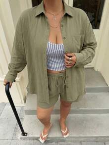 Muchica Plus Size Women Solid Color Fashion Loose Long Sleeve Shirt And Shorts 2pcs Set Vacation Olive Green Autumn Smart Casual Normal Fall Date Night Brunch - Army Green - View 4