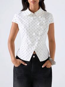 LYSMO Women's Polka Dot Lapel Casual Elegant Versatile Daily Wear Shirt Brunch White And Black Polka Dot Summer Going Out Tops For Women - White - View 1