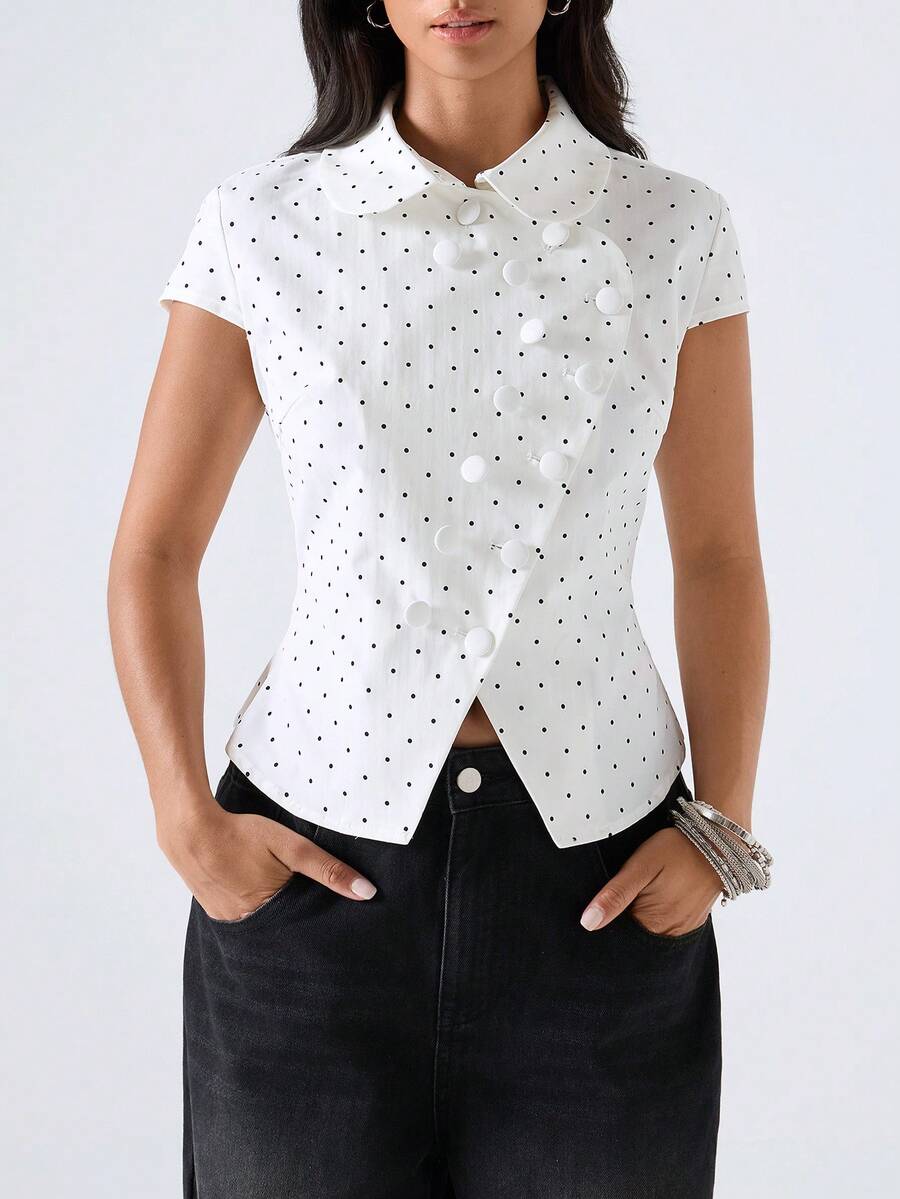 LYSMO Women's Polka Dot Lapel Casual Elegant Versatile Daily Wear Shirt Brunch White And Black Polka Dot Summer Going Out Tops For Women - White - View 1