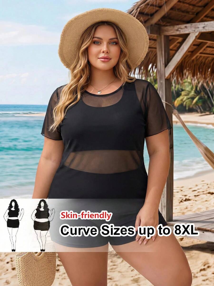 SHEIN CURVE+ Plus Size Women's Bikini Set With Triangle Top And Mesh Cover-Up, Fashionable Minimalist Sexy Swimwear For Beach, Vacation, Pool And Swimming Summer