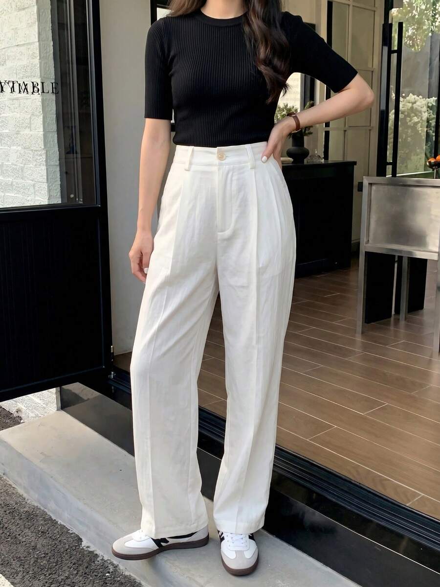 Solavon Off-White Button Straight Leg Casual Minimalist Women's Long Pants, Versatile Slimming Daily Wear, Spring Summer Autumn Winter Brunch Work