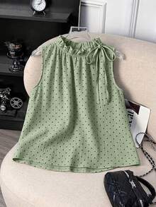 SHEIN Franclia Women's Spring/Summer Vacation Photo Polka Dot Pattern Frill Trim Tie Sleeveless Top - Green - View 5