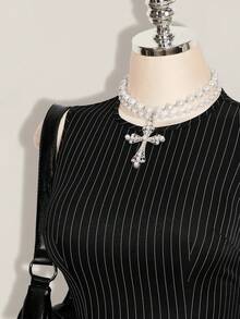 SHEIN ICON 女款條紋拼接配色法式溫柔圓領洋裝 - 黑與白 - 查看 5