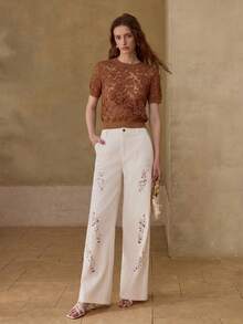 MOTF PREMIUM WOMEN'S EMBROIDERED MESH SEXY SHORT SLEEVE TOP - Rust Brown - View 4