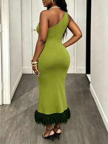 Glyssa Olive Green Summer Patchwork Faux-Fur Sexy Off-Shoulder Hollow-Out Knit Slim-Fit Midi Dress, Perfect For Summer Festivals, Parties Night Out - Green - View 3