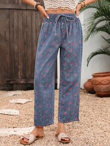 Breezaya Damen Jeans mit Blumenmuster, Taillenband und geradem Bein - Dunkle Waschung - Übersicht 5