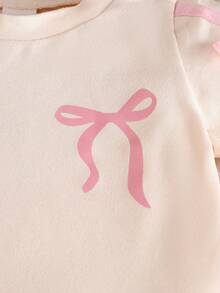 SHEIN Newborn Baby Girl Pink Black Fashion Set Short Sleeve Top With 3D Bow Cute Outfit For 0-9 M Babies - Beige - View 8