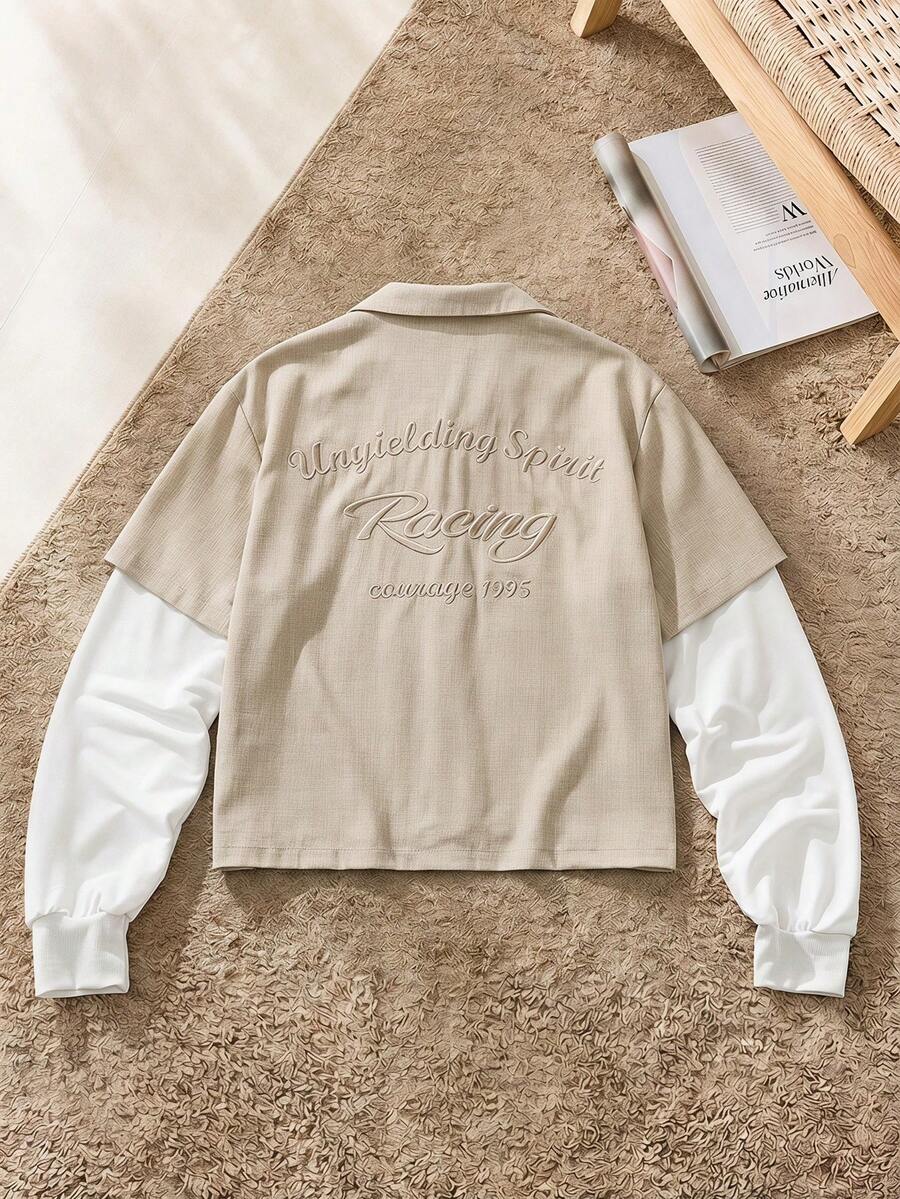 SWAVVY 男士刺繡單排扣拼接袖時尚襯衫 - 棕色 - 查看 1