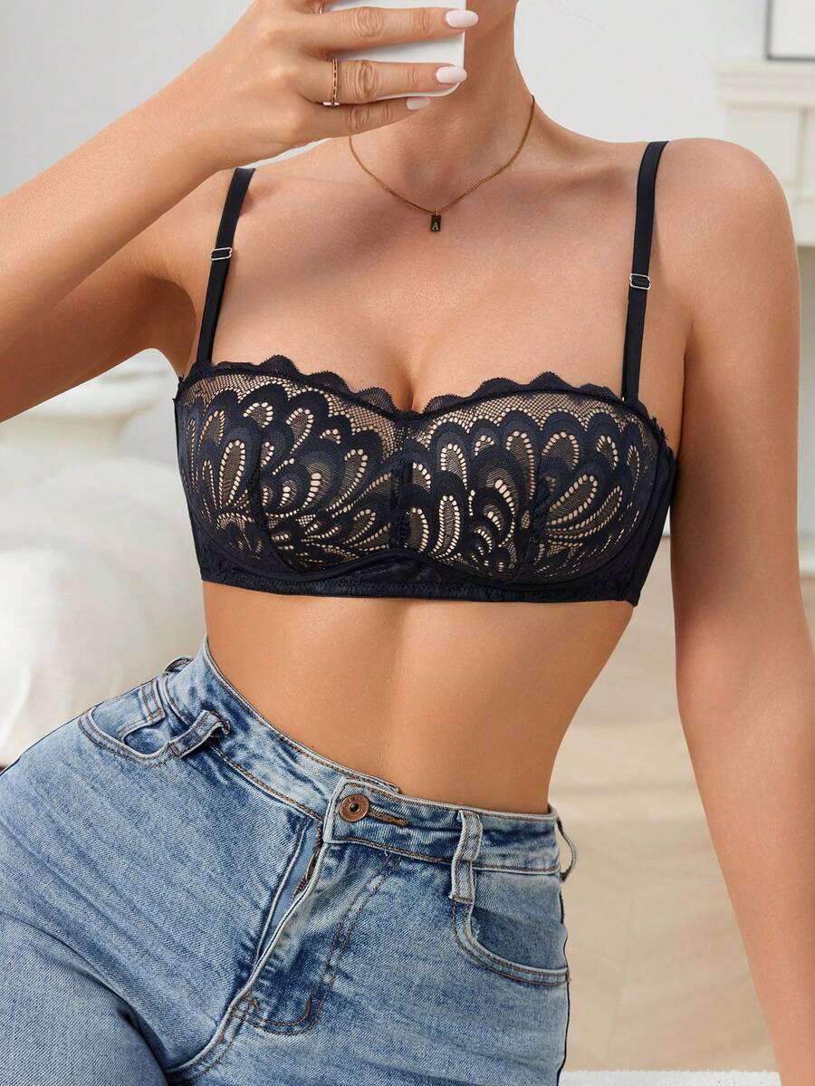 DesireSculpt 1件女款蕾絲聚攏胸罩 - 黑色 - 查看 1