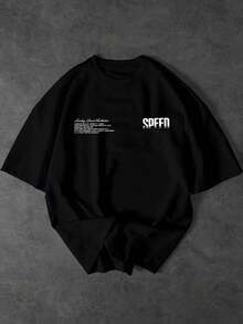 SHEIN Maglietta a maniche corte con stampa grafica minimalista e scollo rotondo, per uomo taglia comoda - nero - Visualizzare 2