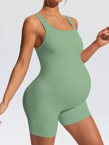 SHEIN 孕婦純色休閒背心式運動連身褲 - 綠色 - 查看 8