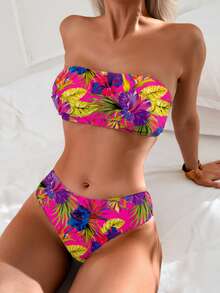 Swim Lushoire 女款 2 件式花卉印花抹胸比基尼泳衣套裝，適合度假 - 玫紅色 - 查看 5