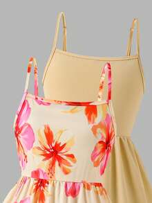 SHEIN Elladie kids 女童休閒甜美花卉與素色拼接細肩帶洋裝，適合日常穿著、夏季、戶外與度假 - 黃色 - 查看 4