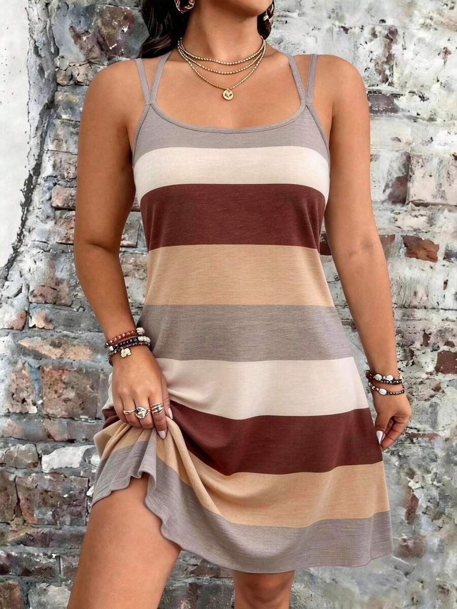 EMERY ROSE Plus Size Women's Striped Casual Spaghetti Strap Dress - Multicolor - View 1