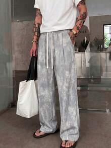 STEELVANCE Plus Size Men's Tie-Dye Pattern Drawstring Waist Pleated Casual Long Pants - White - View 4