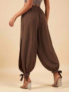 Travachic Women's Solid Color Split Hem Tie Lantern Pants Loose Casual Boho Long Pants Beach Dark Brown Autumn - Brown - View 3