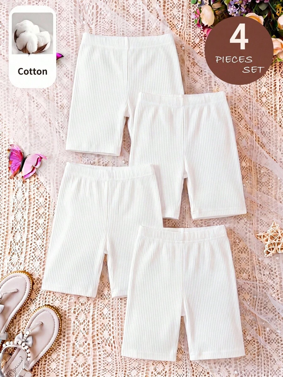SHEIN Young Girl 4pcs Knit Solid Color Fitted Casual Base Layer Shorts Set - White - View 1