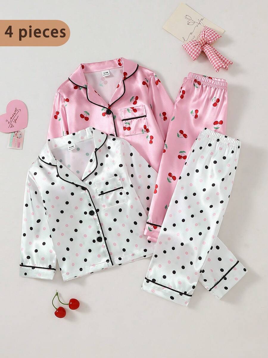 SHEIN 女嬰甜美可愛優雅休閒日常親膚柔軟梭織仿絲綢面料多色酒紅黑色櫻桃波點卡通印花秋季 - 彩色 - 查看 1