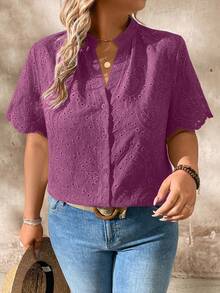 SHEIN LUNE CURVE 大尺碼短袖刺繡鏤空布料襯衫 - 紫色 - 查看 8